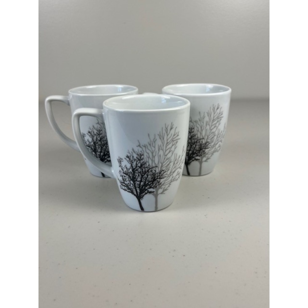 Corelle Coordinates TIMBER SHADOWS Porcelain Tree Coffee Tea Mugs White Set of 3 - Picture 7 of 8